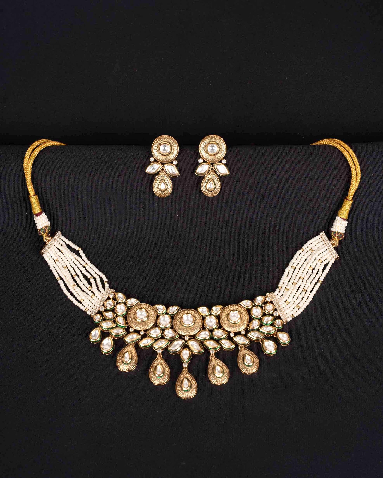 Nakshi Fall Kundan Choker | Mint Work | White Moti Strings