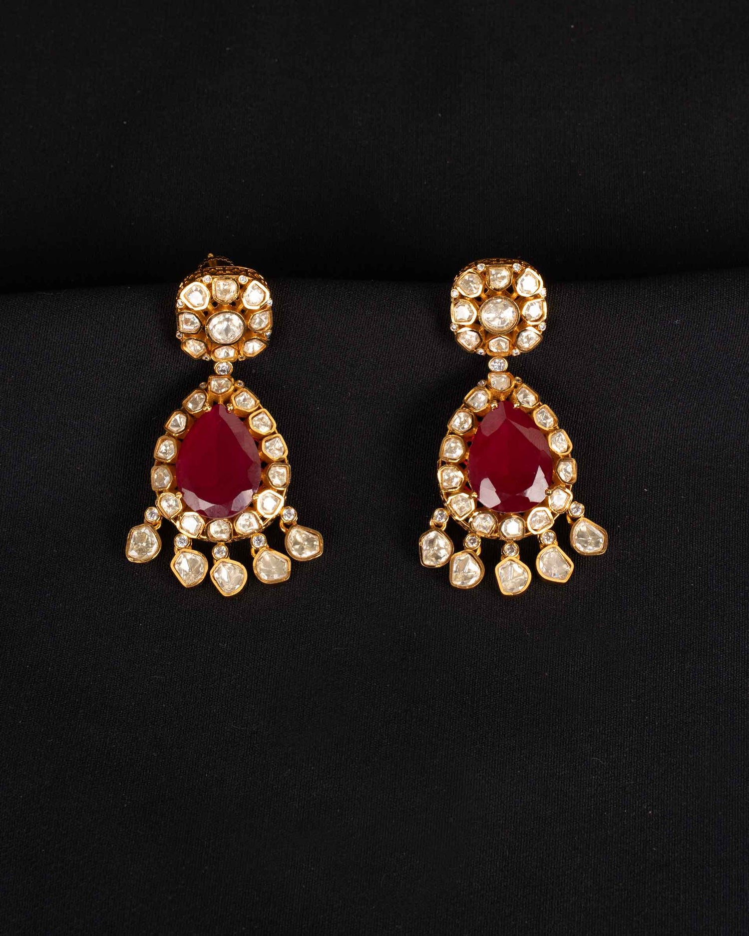 Saanjh Moissanite Earrings With Ruby Stone | Screw Back | Big Size | 18K Gold Plating