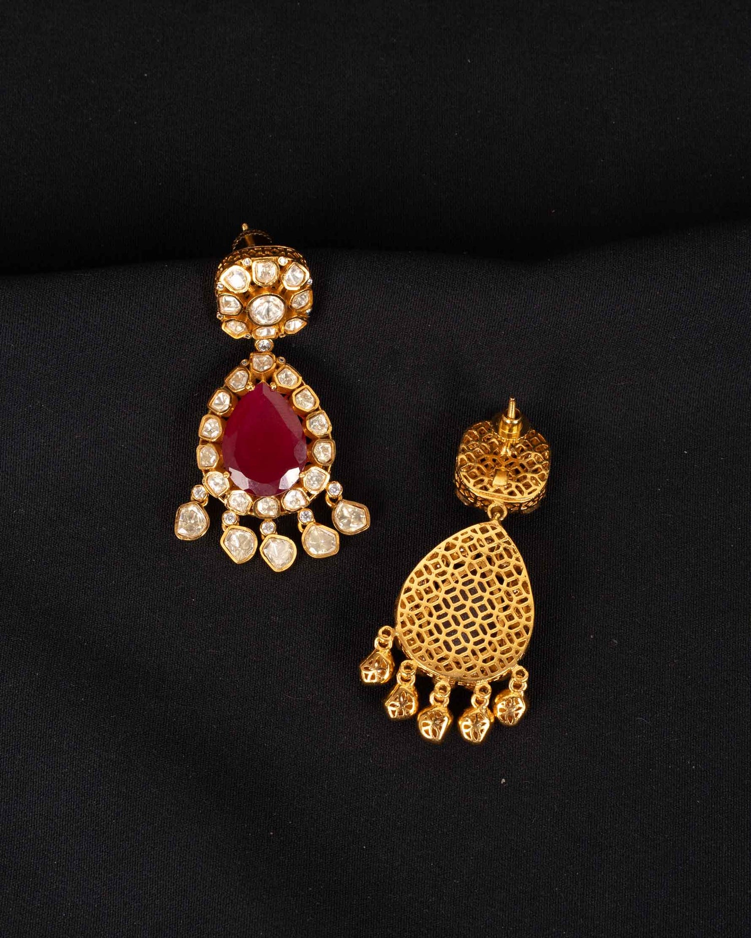 Saanjh Moissanite Earrings With Ruby Stone | Screw Back | Big Size | 18K Gold Plating