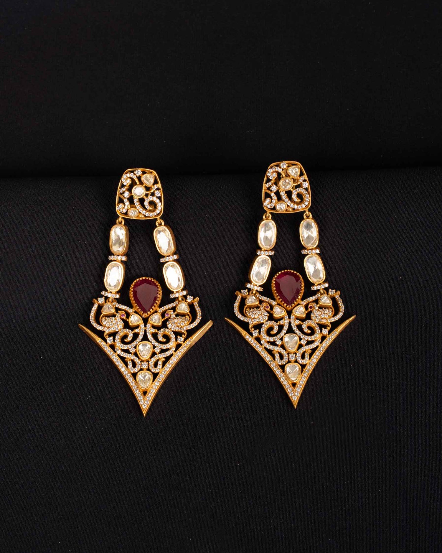 Svara Imperial Ruby Moissanite Danglers | Screw Back | 18K Gold Plating