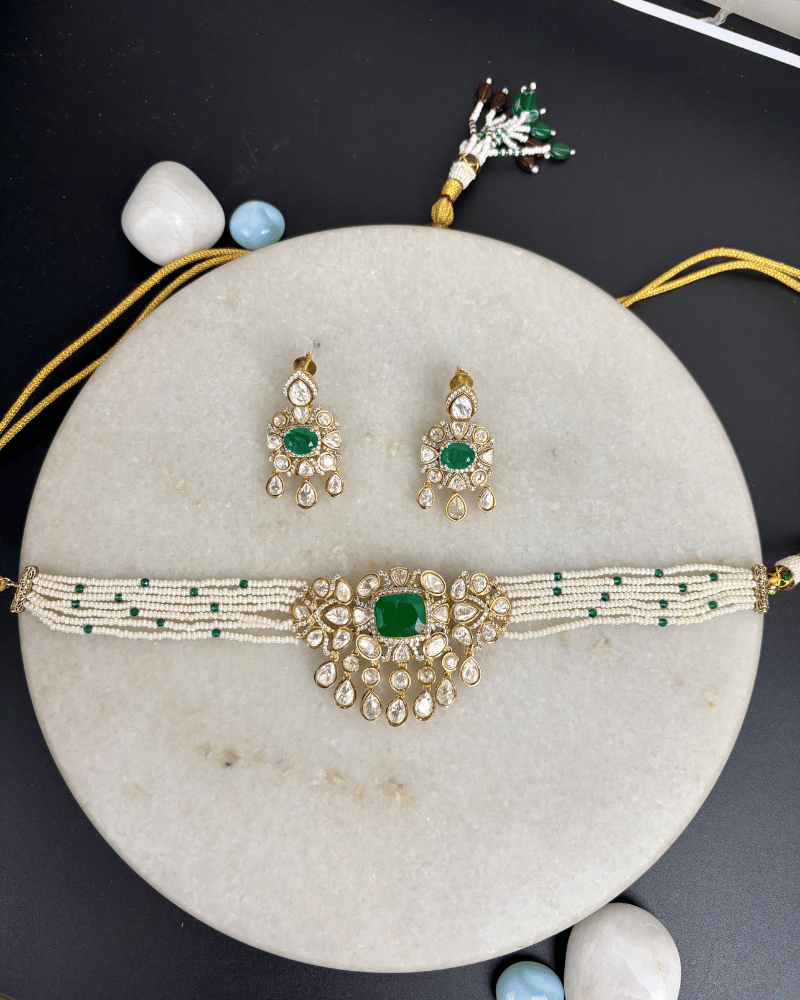 Saaj Emerald Moissanite Choker | White Moti Strings | Screw Back | 18K Gold Plating