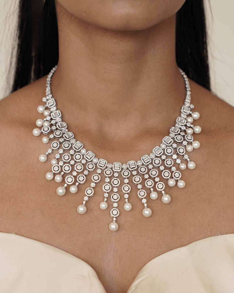 Crystal Rain Pearl Necklace | Rhodium Plating