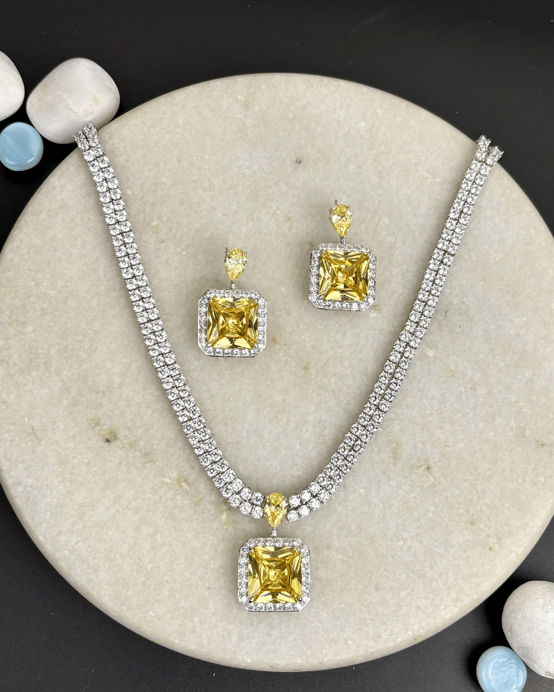 Solara Citrine Diamond Necklace | Rhodium Plating