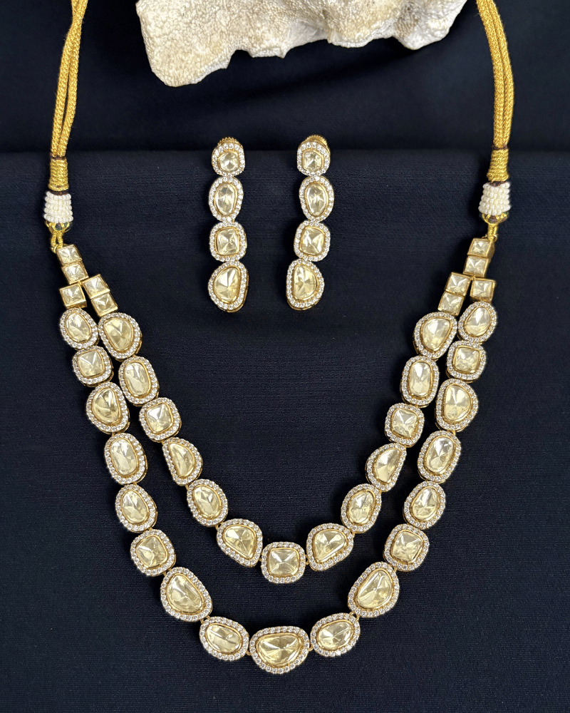 Double Line Moissanite Necklace with Diamond Border | Screw Back | 18K Gold Plating