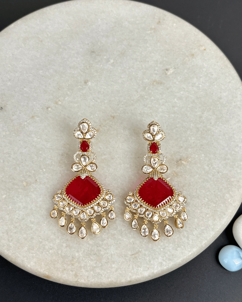 Ruby Mantra Moissanite Danglers | Screw Back | 18K Gold Plating