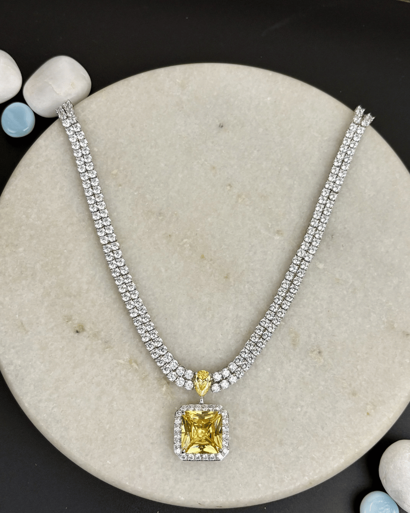 Solara Citrine Diamond Necklace | Rhodium Plating