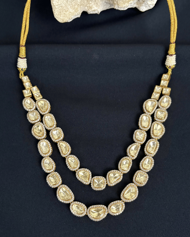 Double Line Moissanite Necklace with Diamond Border | Screw Back | 18K Gold Plating