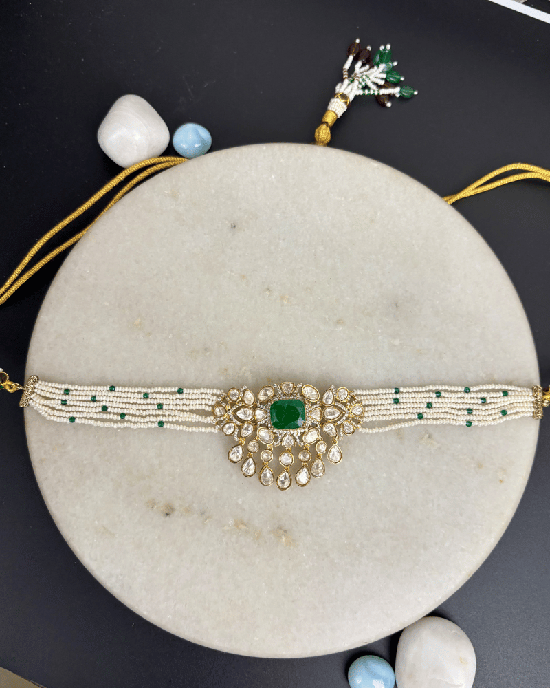 Saaj Emerald Moissanite Choker | White Moti Strings | Screw Back | 18K Gold Plating