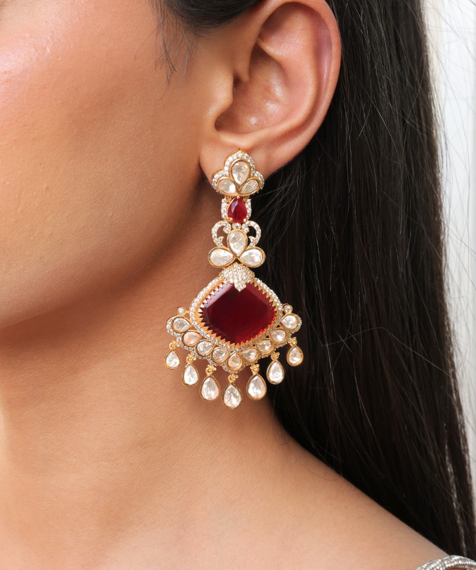 Ruby Mantra Moissanite Danglers | Screw Back | 18K Gold Plating