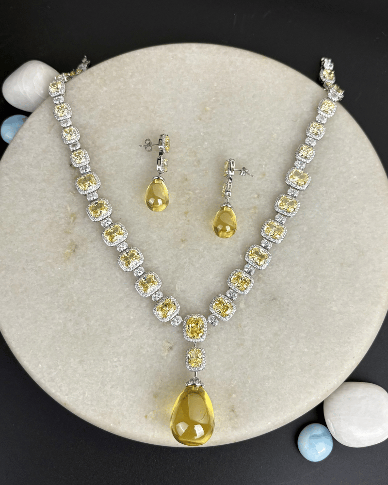 Sunlit Drop Citrine Crystal Necklace | Rhodium Plating