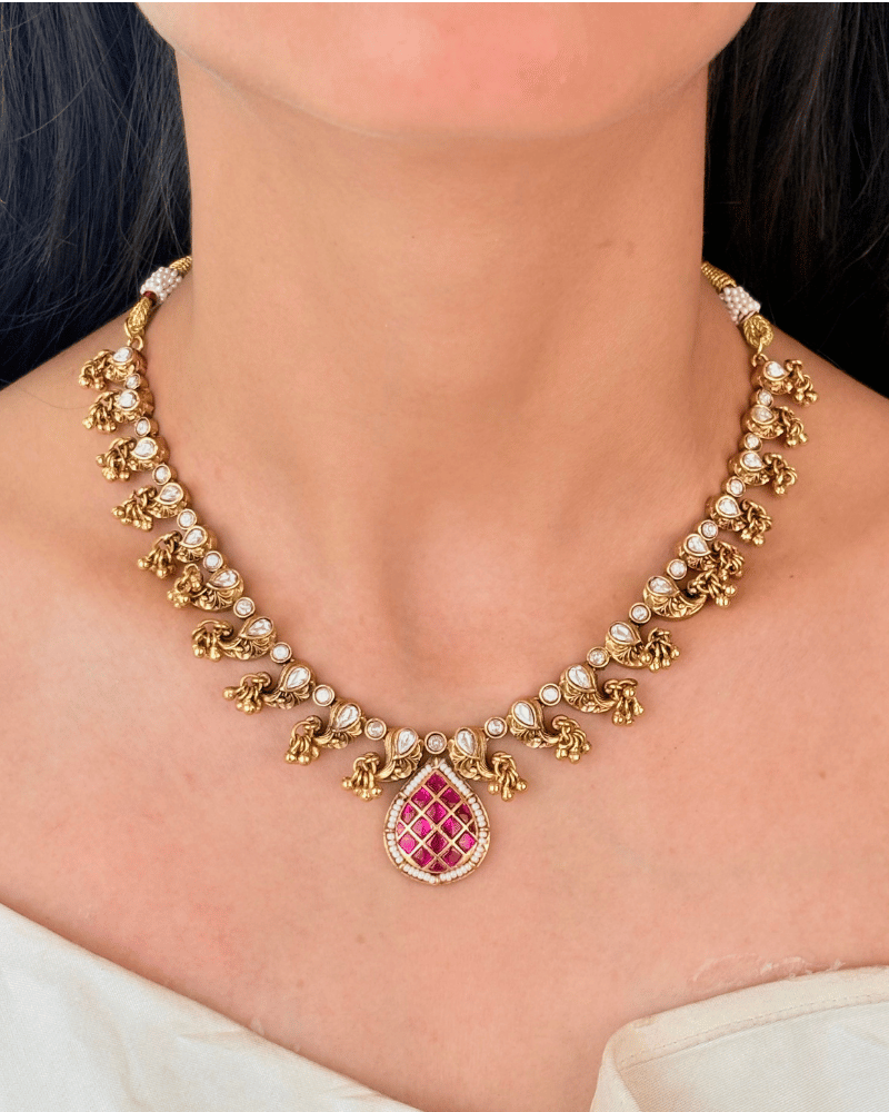 Kairavi Golden Necklace With Ruby Drop