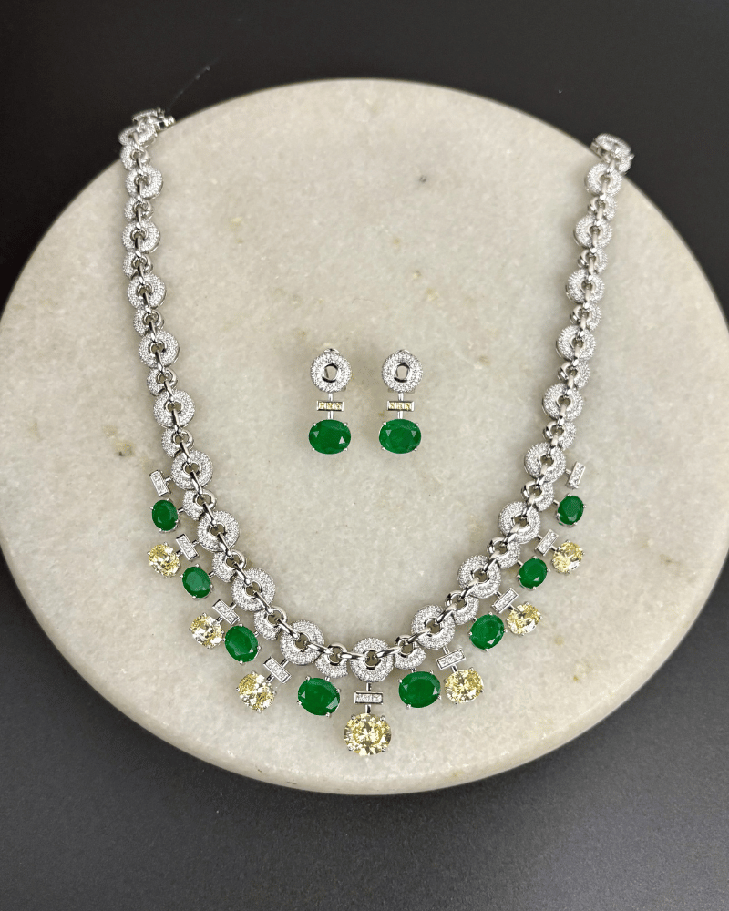Rosaline Emerald & Citrine Crystal Cascade Necklace | Rhodium Plating