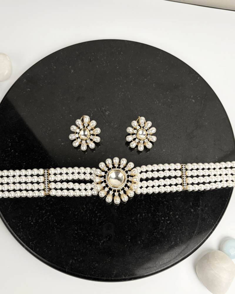 Mrinali Diamond Choker With White Bead Strings