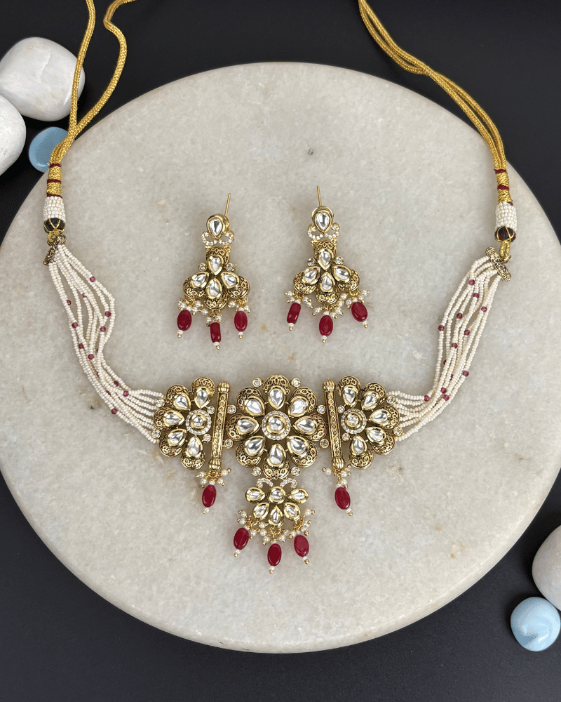 Rukhsar Kundan Choker With Ruby Drops | Mint Work | 18K Gold Plating