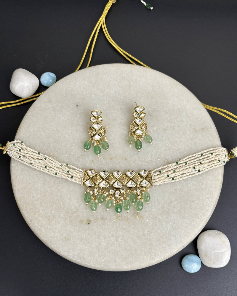 Amana Kundan Choker With Mint Drop | Mint Work | White Moti Strings