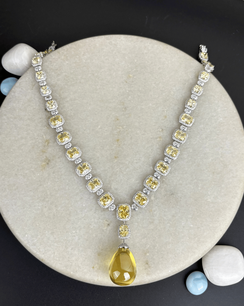 Sunlit Drop Citrine Crystal Necklace | Rhodium Plating