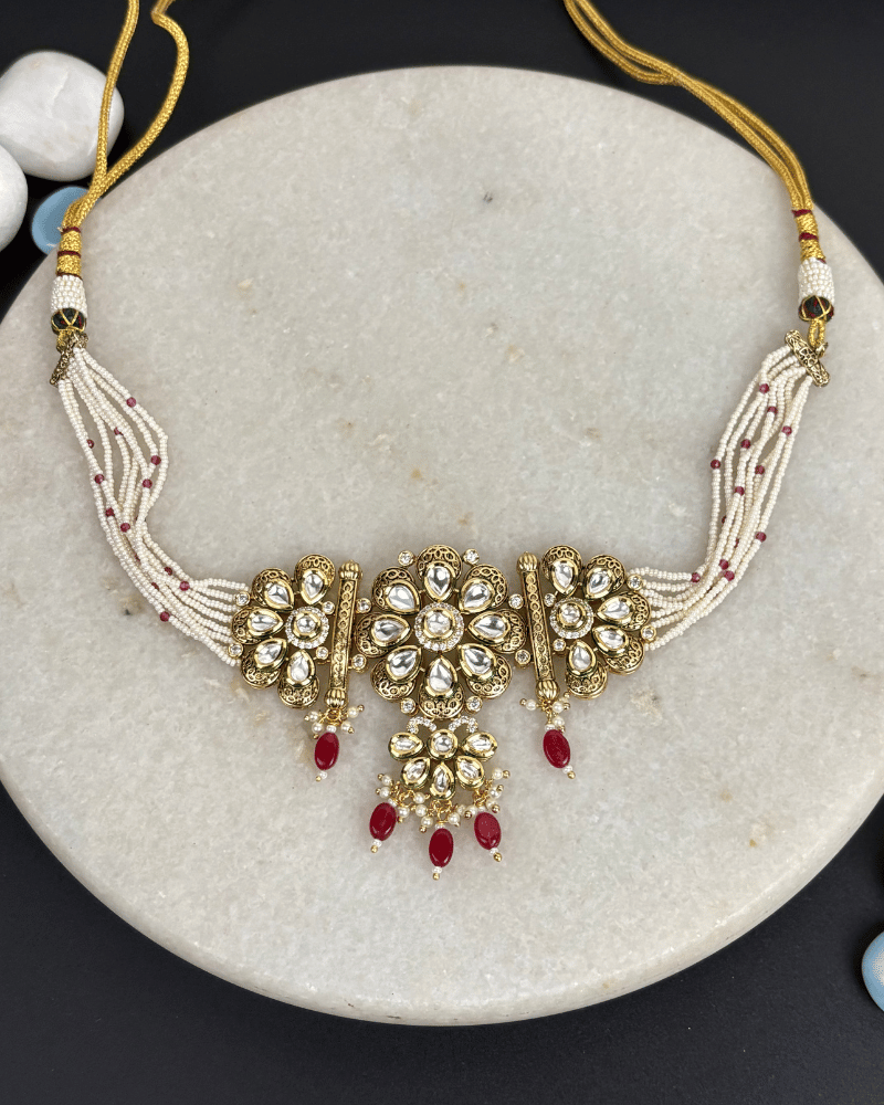 Rukhsar Kundan Choker With Ruby Drops | Mint Work | 18K Gold Plating