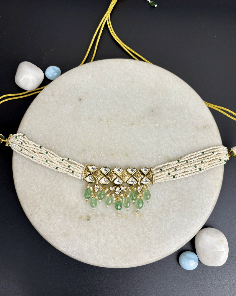 Amana Kundan Choker With Mint Drop | Mint Work | White Moti Strings