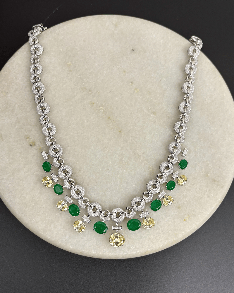 Rosaline Emerald & Citrine Crystal Cascade Necklace | Rhodium Plating