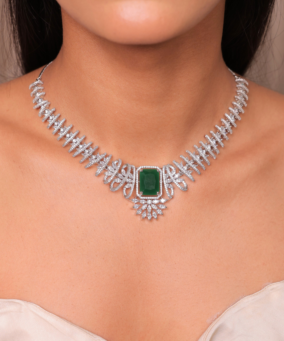 Zayra Emerald Diamond Necklace | 18K White Gold Plating