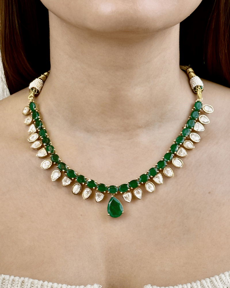 Emerald Pear Drop Moissanite Necklace | Screw Back | 18K Gold Plating