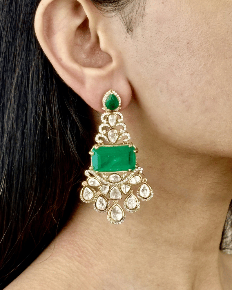 Vareesha Emerald Moissanite Danglers | Screw Back | 18K Gold Plating