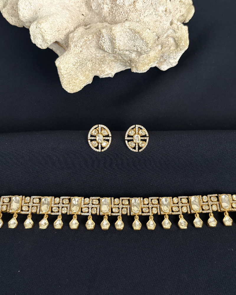 Swastika Moissanite Choker | Screw Back | 18K Gold Plating