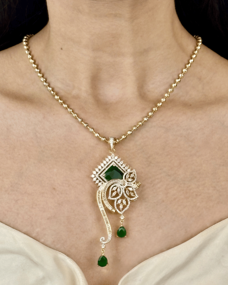 Scarlet Curve Emerald Diamond Pendant Set | Without Chain