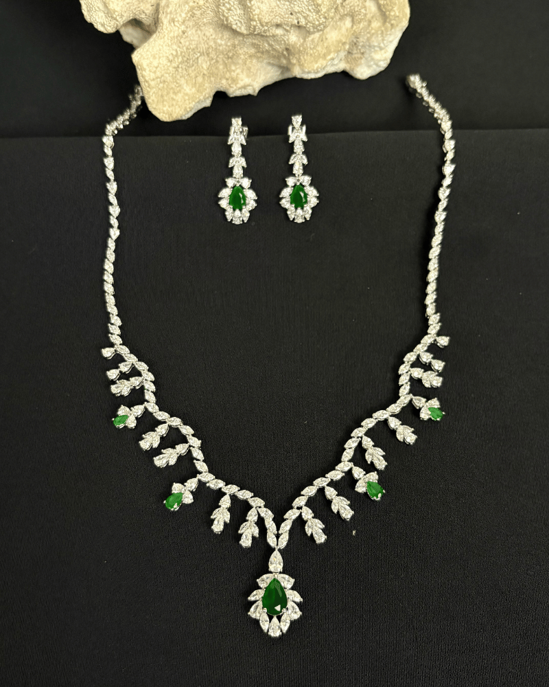 Zenvira Leaf Drop Emerald Necklace | Rhodium Plating