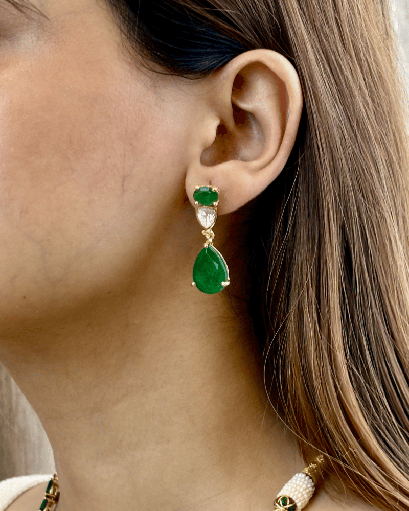 Emerald Pear Drop Moissanite Necklace | Screw Back | 18K Gold Plating