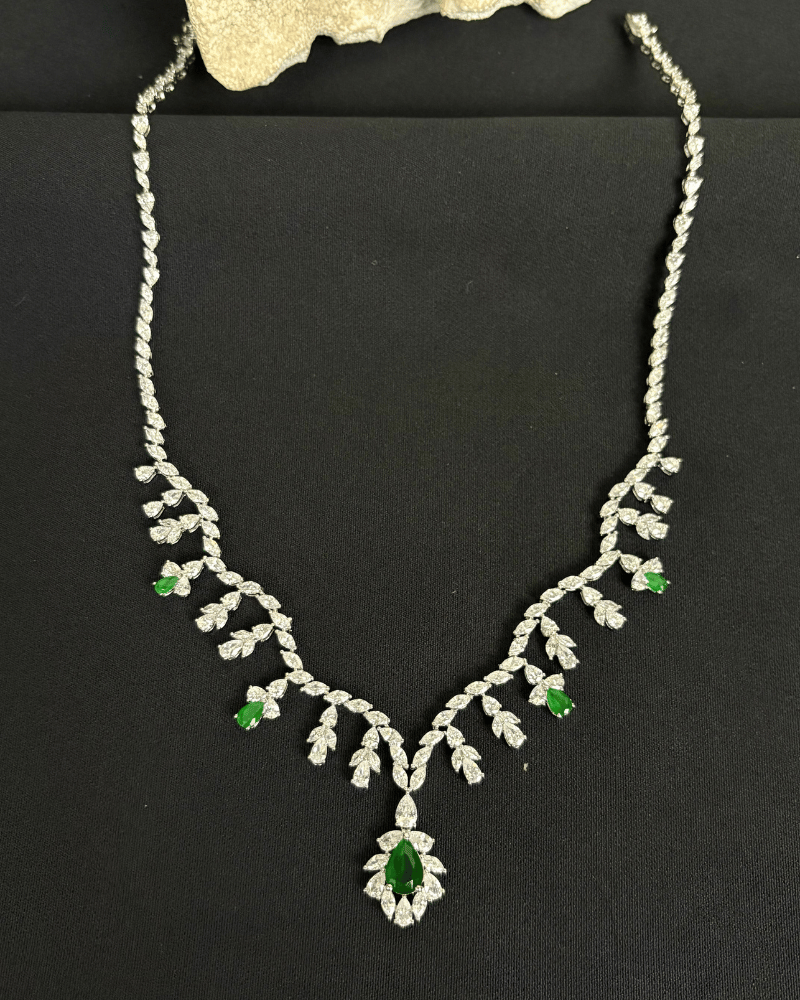 Zenvira Leaf Drop Emerald Necklace | Rhodium Plating
