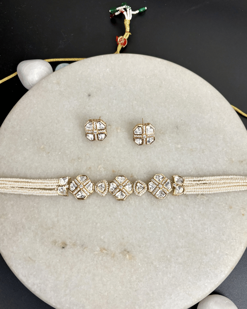 Roohi 3 Broach Polki Choker | White Moti Strings