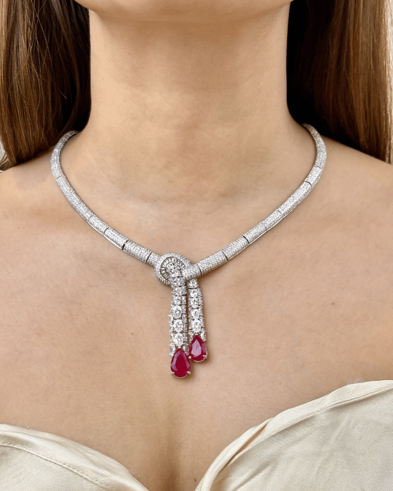Ruby Crystal Duet Drop Diamond Necklace | Rhodium Plating