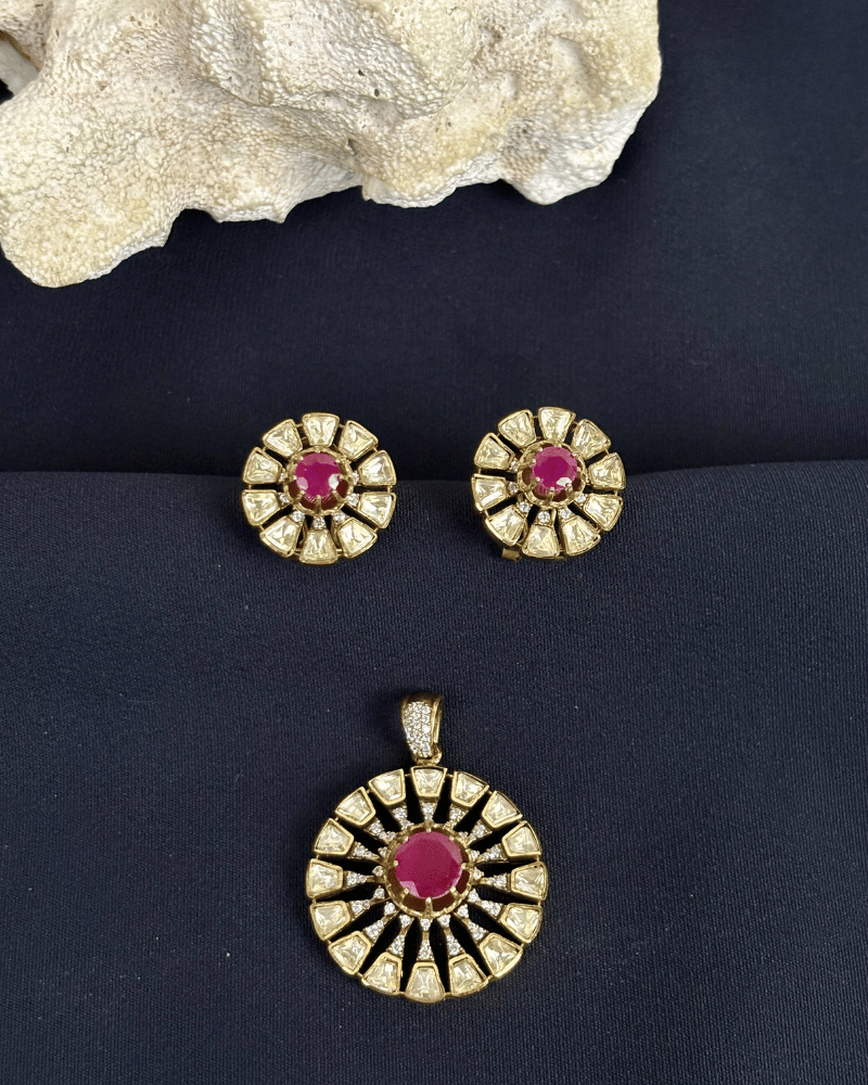 Ruby Moissanite Pendant Set | Screw Back | 18K Gold Plating