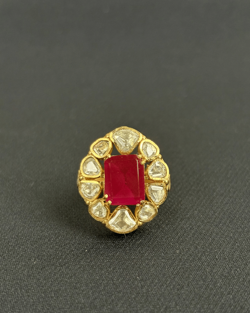 Surkh Ruby Moissanite Ring | Adjustable Size | 18K Gold Plating