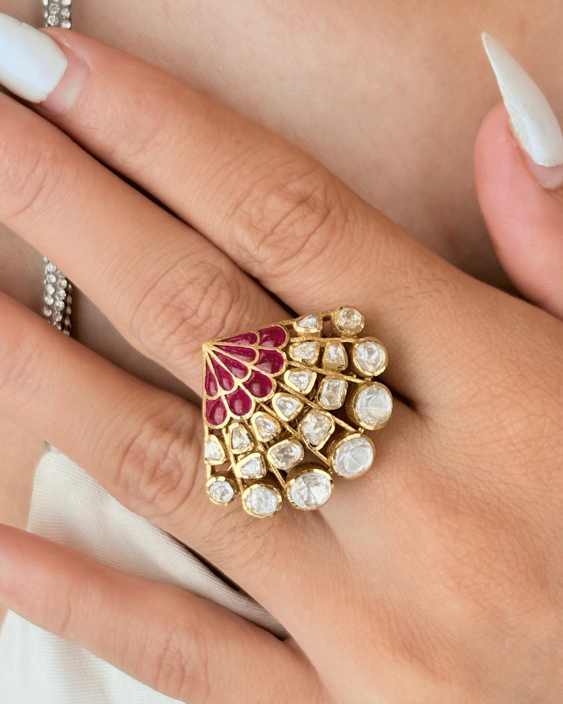 Mayurika Ruby Moissanite Ring | Adjustable | 18K Gold Plating