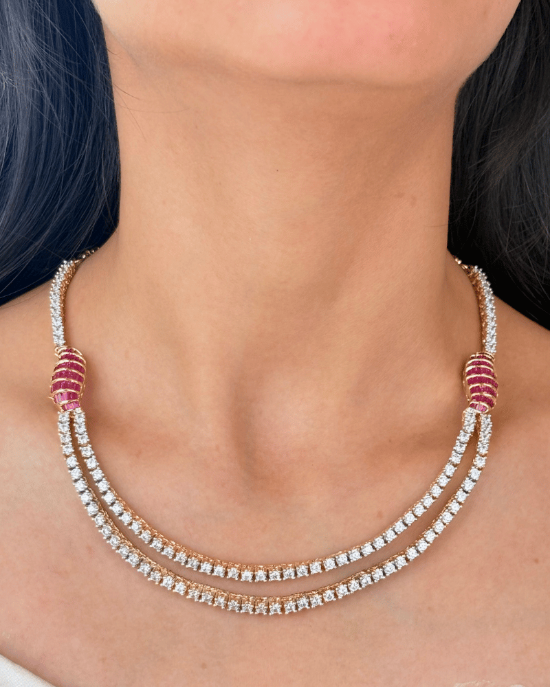 Adaa Ruby Double Line Diamond Necklace