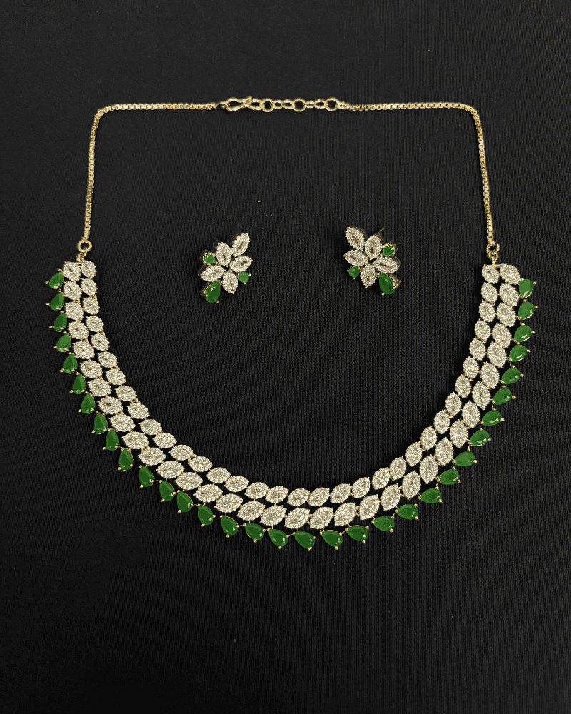 Double Line Diamond Necklace With Emerald Drop