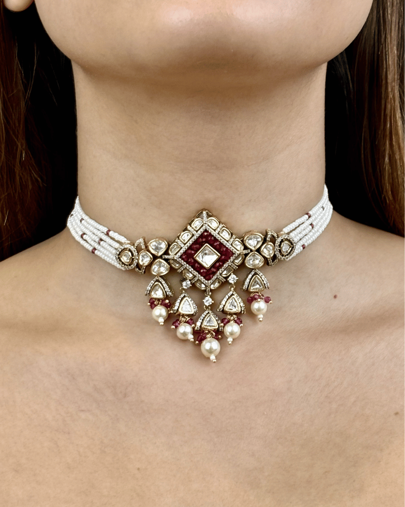 Victorian Polki Choker With Red Hydro Beads