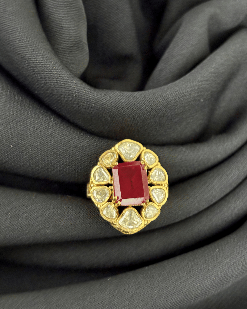 Surkh Ruby Moissanite Ring | Adjustable Size | 18K Gold Plating