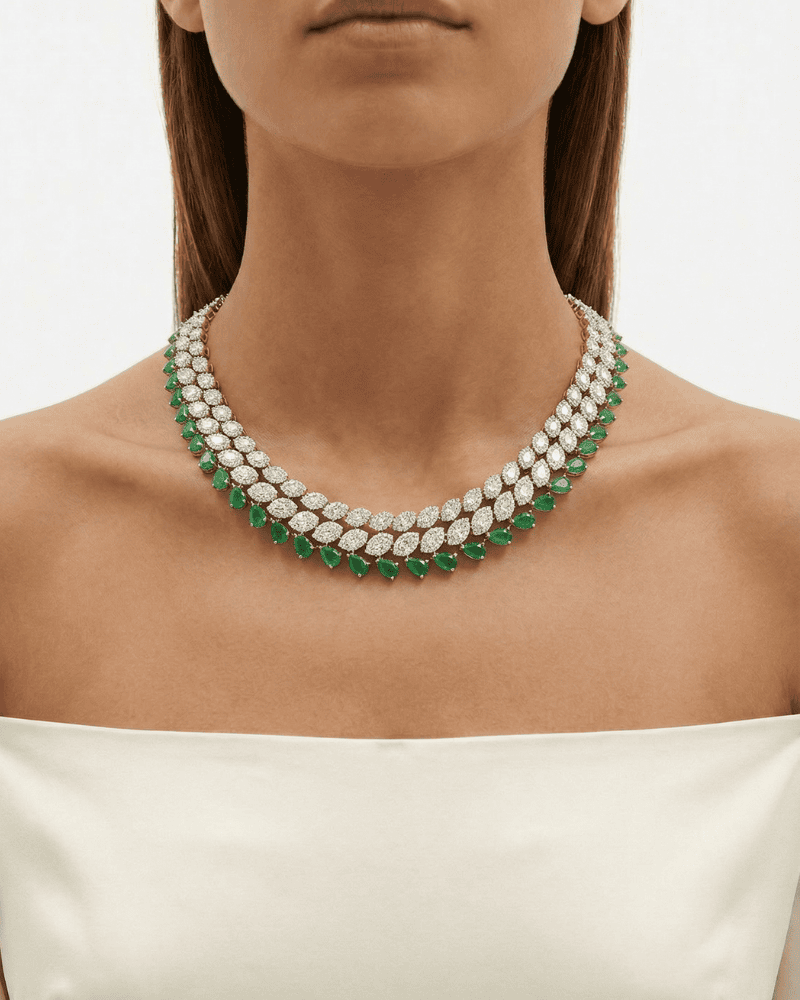 Double Line Diamond Necklace With Emerald Drop