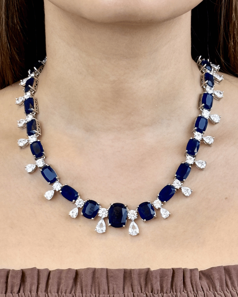 Deep Blue Sapphire Drop Crystal Necklace | Rhodium Plating