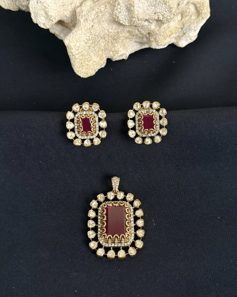 Surkh Ruby Moissanite Pendant Set | Screw Back | 18K Gold Plating