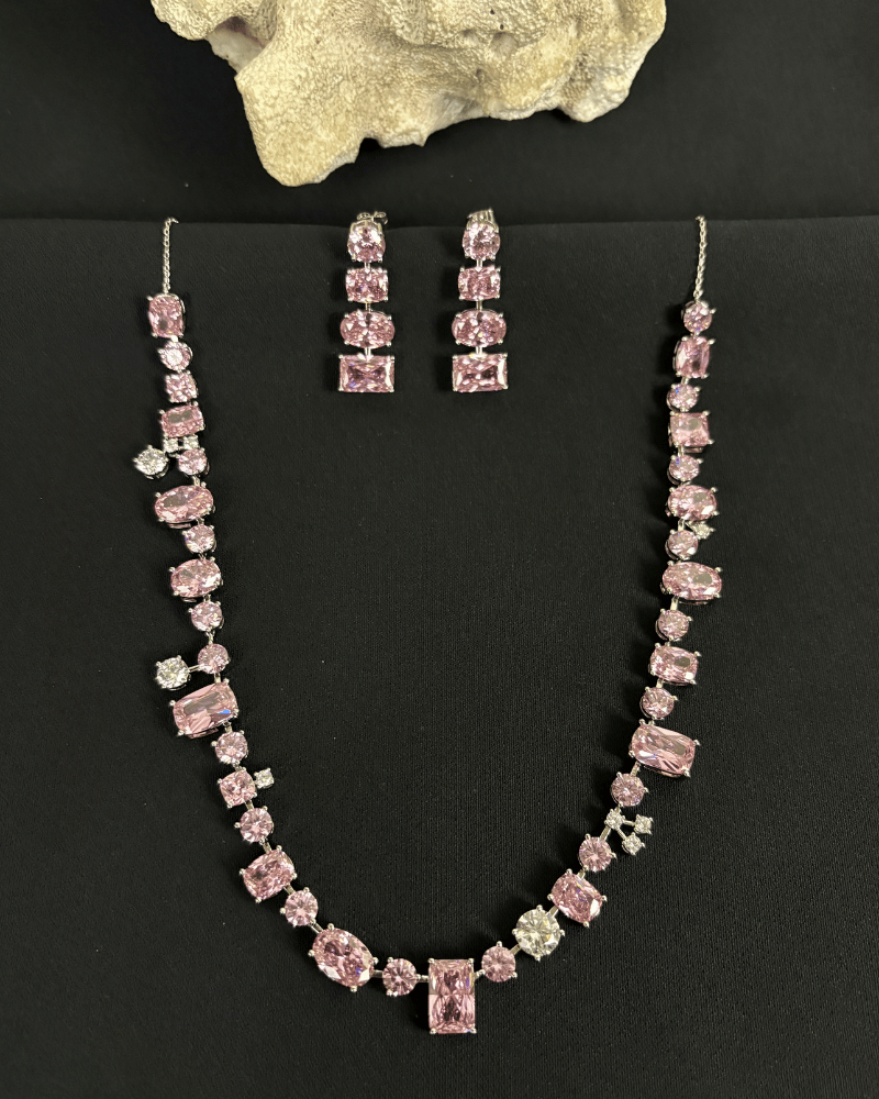 Royale Baby Pink Crystal Necklace | Rhodium Plating