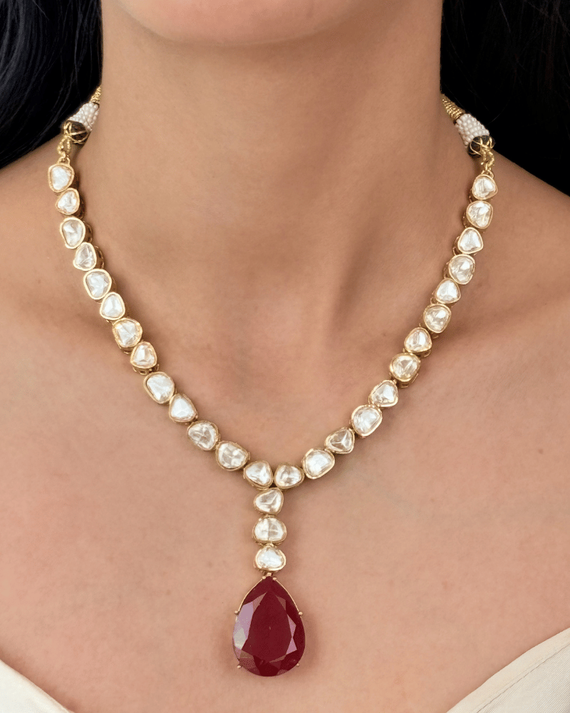 Single Line Moissanite Necklace With Ruby Drop | Screw Back | 18K Gold Plating