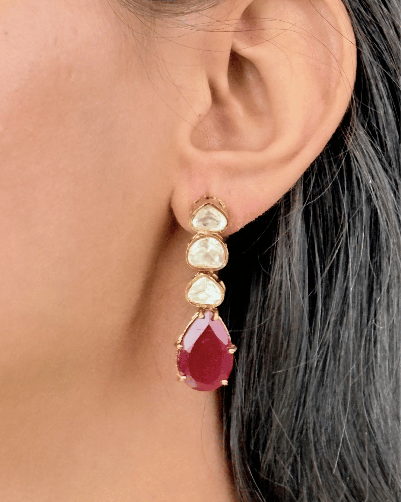 Single Line Moissanite Necklace With Ruby Drop | Screw Back | 18K Gold Plating