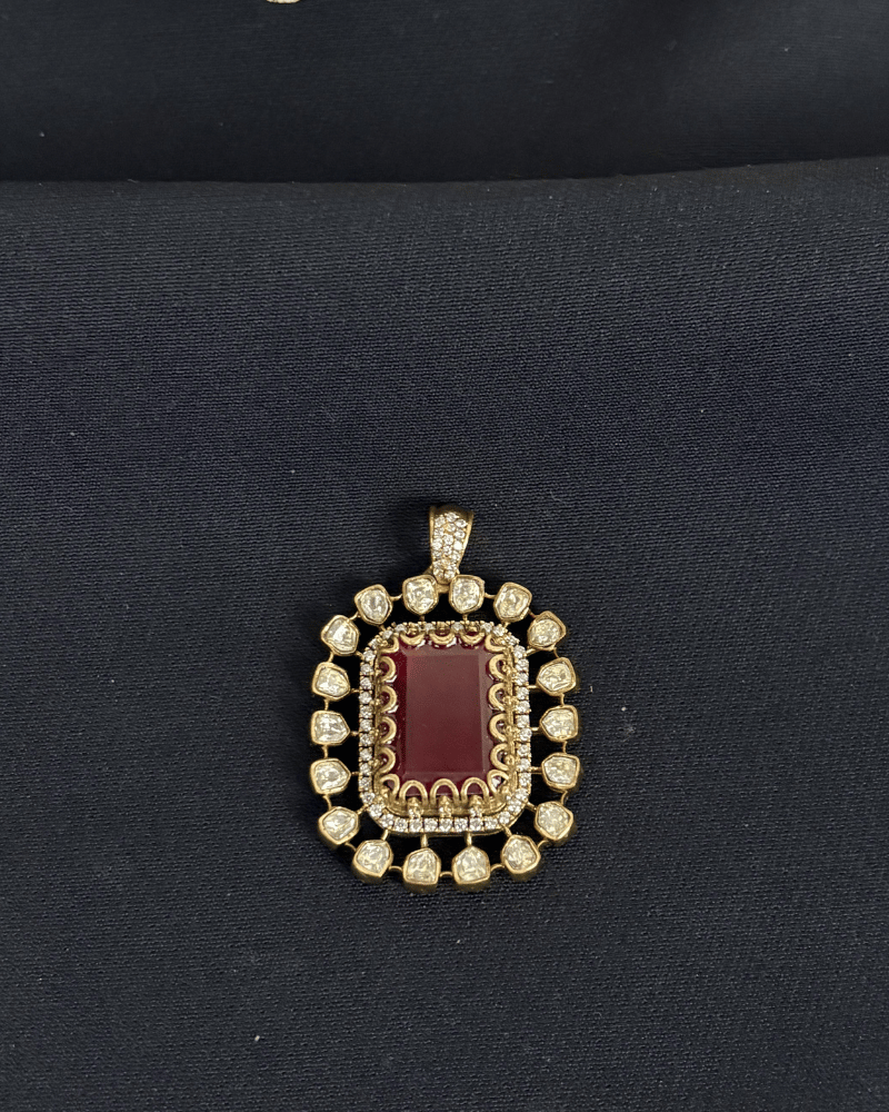 Surkh Ruby Moissanite Pendant Set | Screw Back | 18K Gold Plating