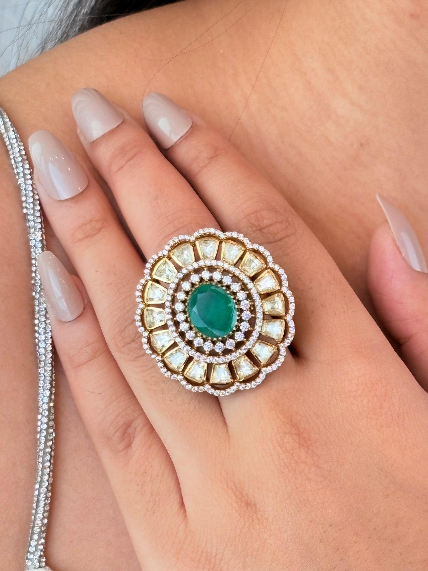 Emerald Starlight Cocktail Moissanite Ring | Adjustable Size | 18K Gold Plating