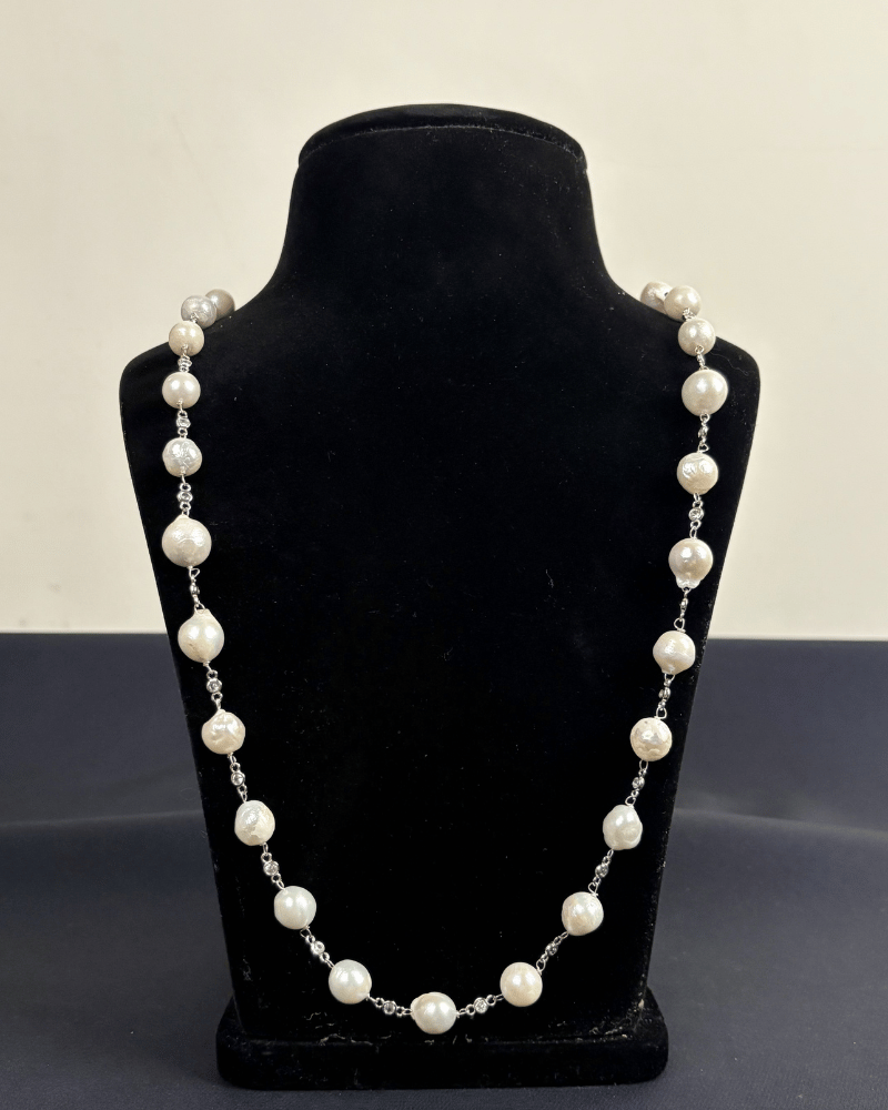 Baroque Pearl Mala With AD Stones | Rhodium Plating (30 Inches)