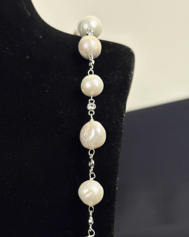 Baroque Pearl Mala With AD Stones | Rhodium Plating (30 Inches)
